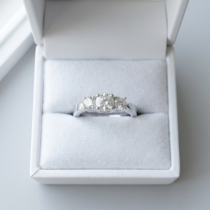 Emily round brilliant diamond three stone engagement ring, top view