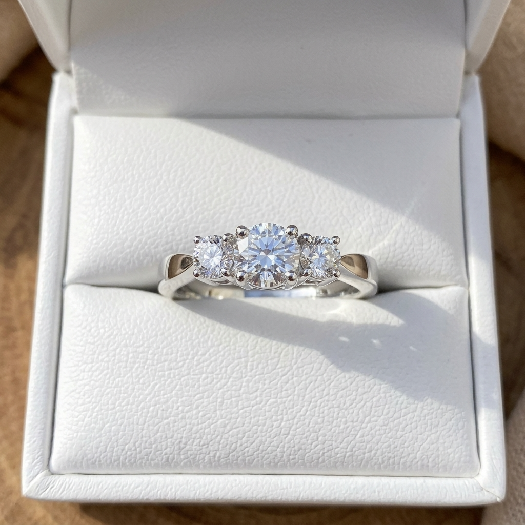 Emily round brilliant diamond three stone engagement ring, three quarter view