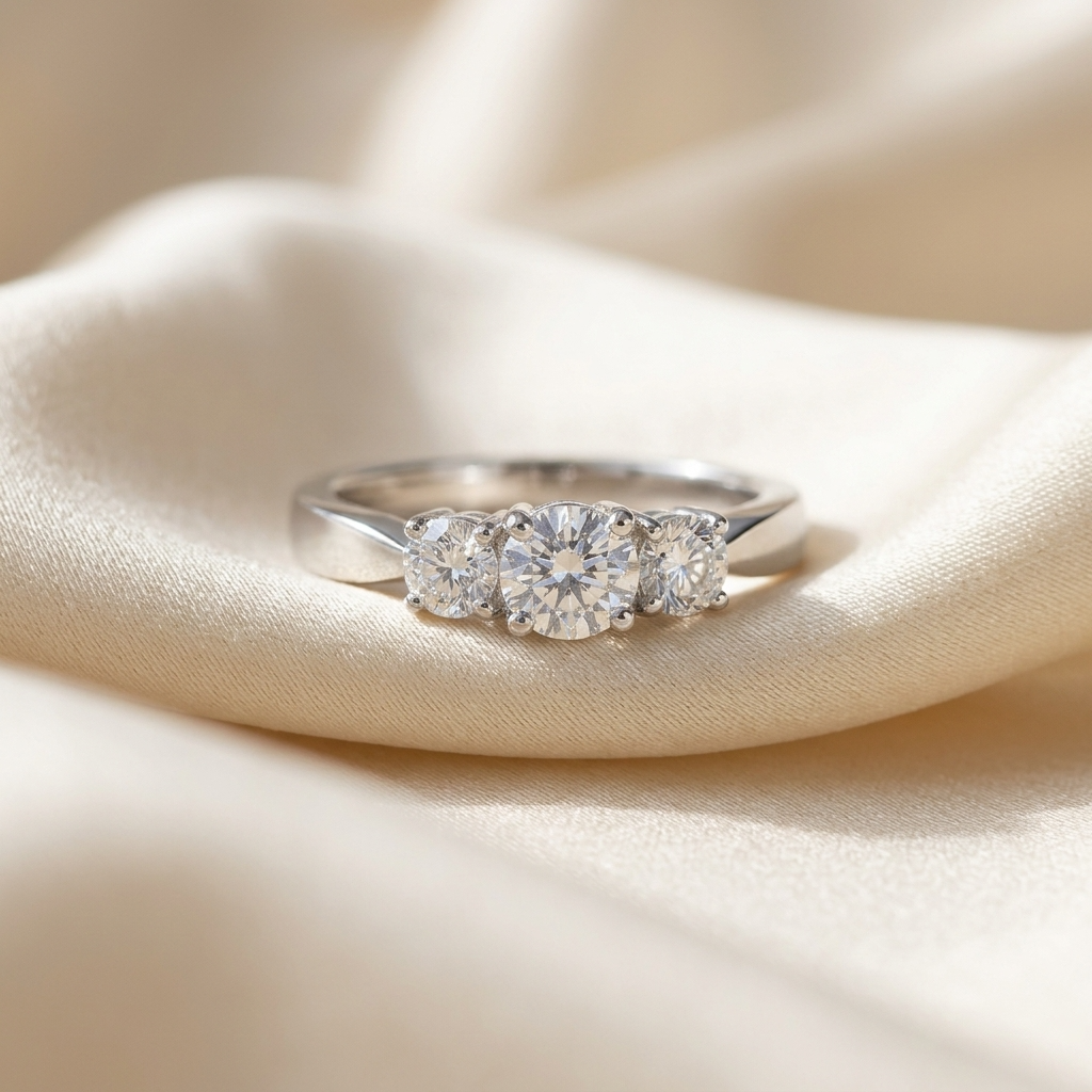 Emily round brilliant diamond three stone engagement ring, raised view