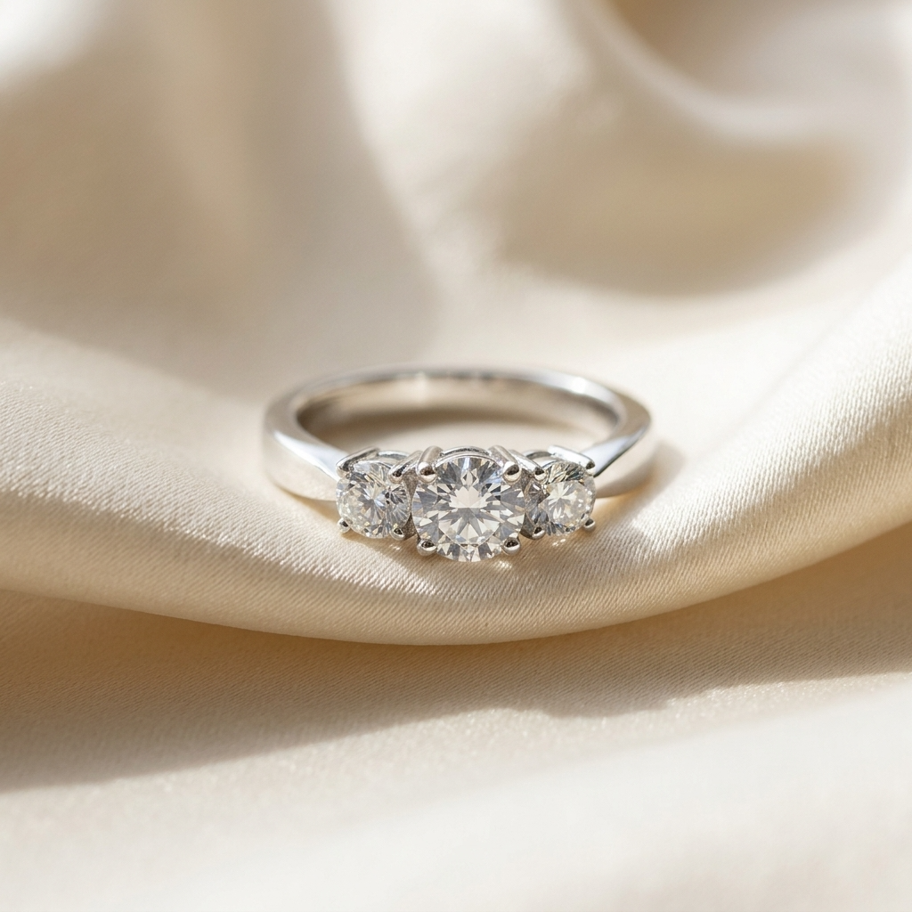 Emily round brilliant diamond three stone engagement ring, profile view