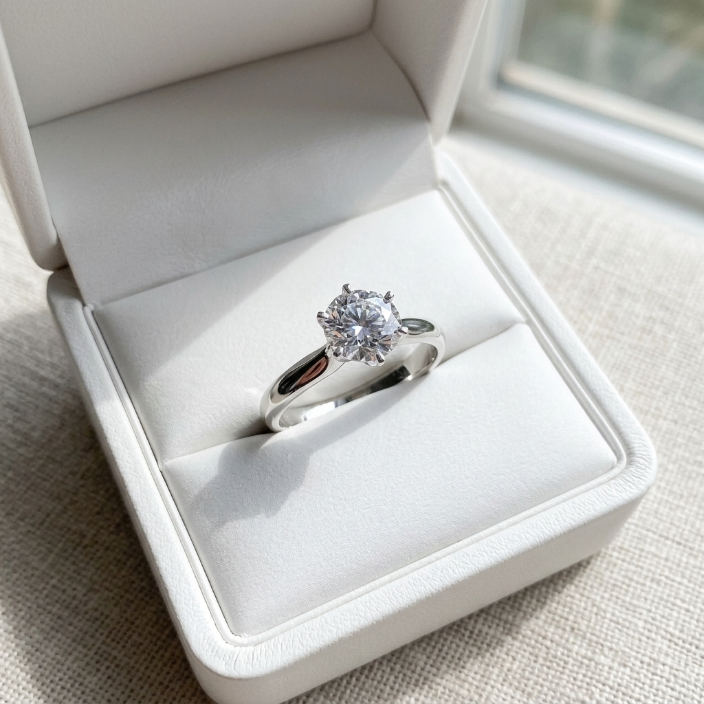 Diana round brilliant diamond solitaire engagement ring, angled view