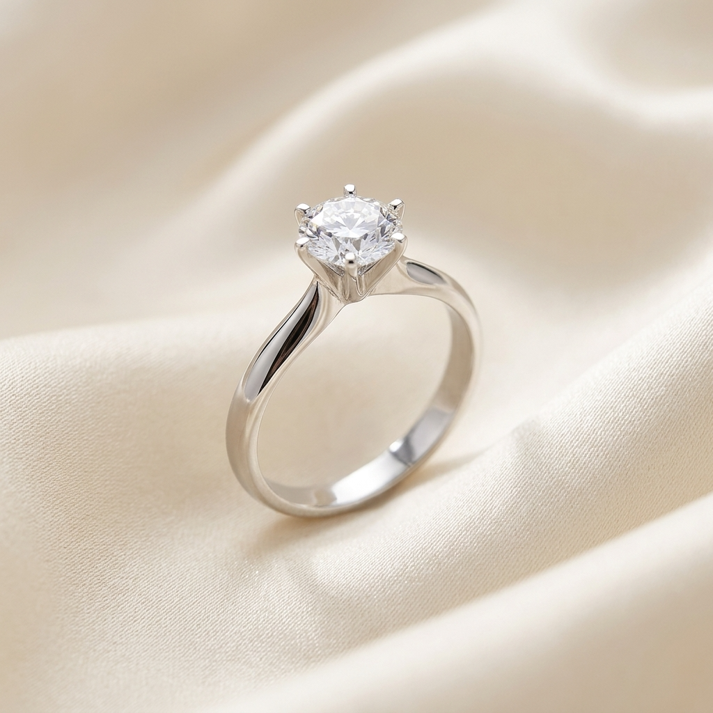 Diana round brilliant diamond solitaire engagement ring, side view showing tapered upswept shank