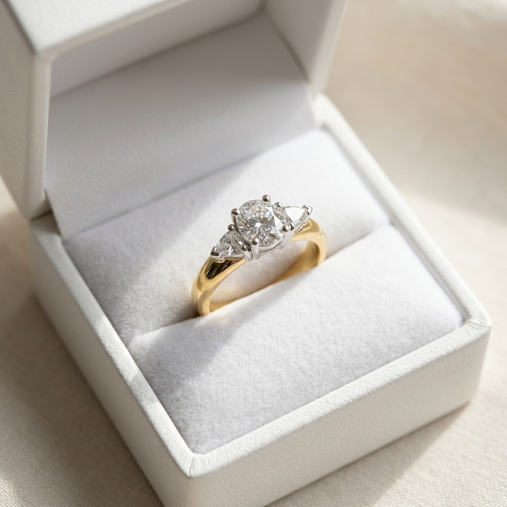 Shayla round brilliant diamond three stone engagement ring with pear shape side stones, angled view