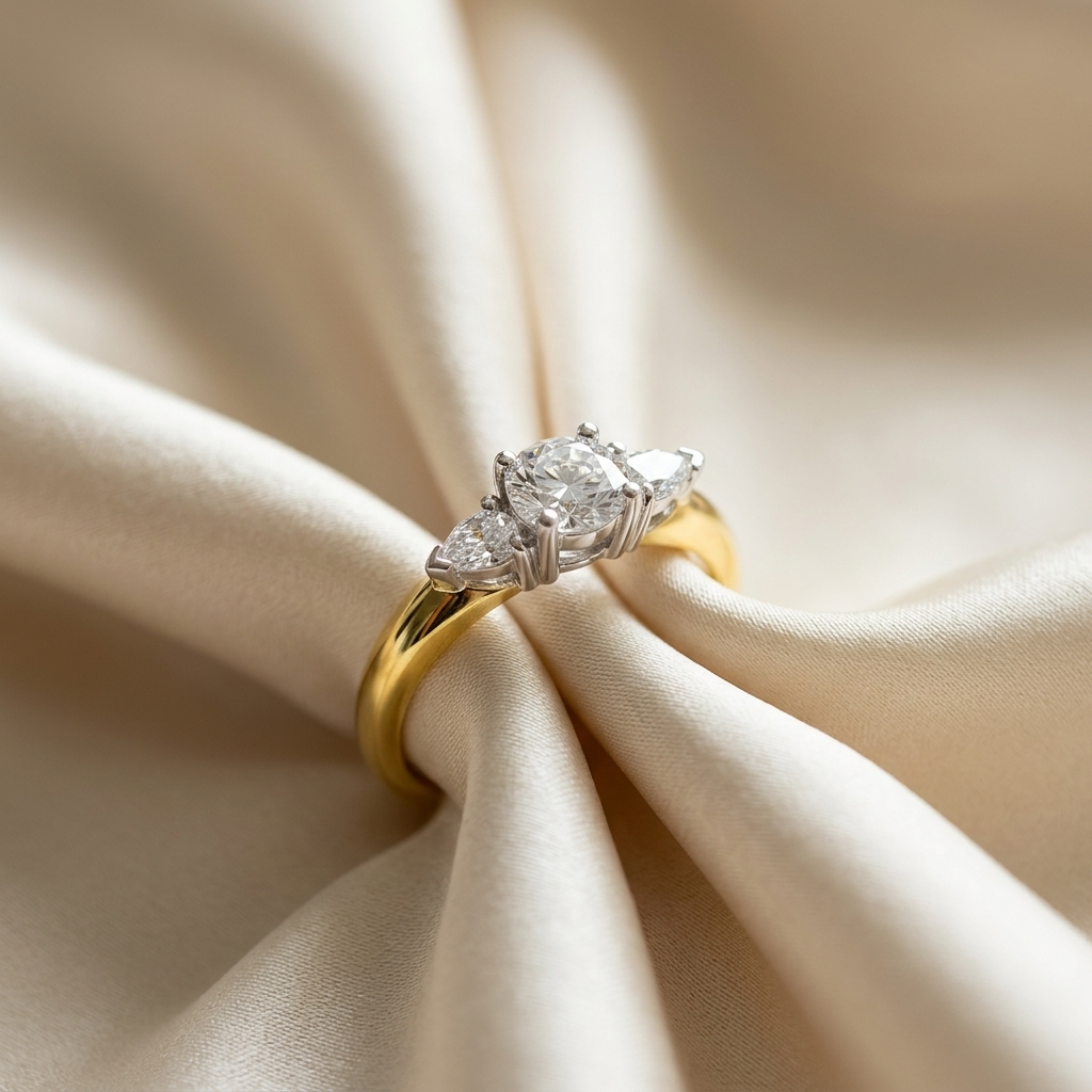 Shayla round brilliant diamond three stone engagement ring with pear shape side stones, side view
