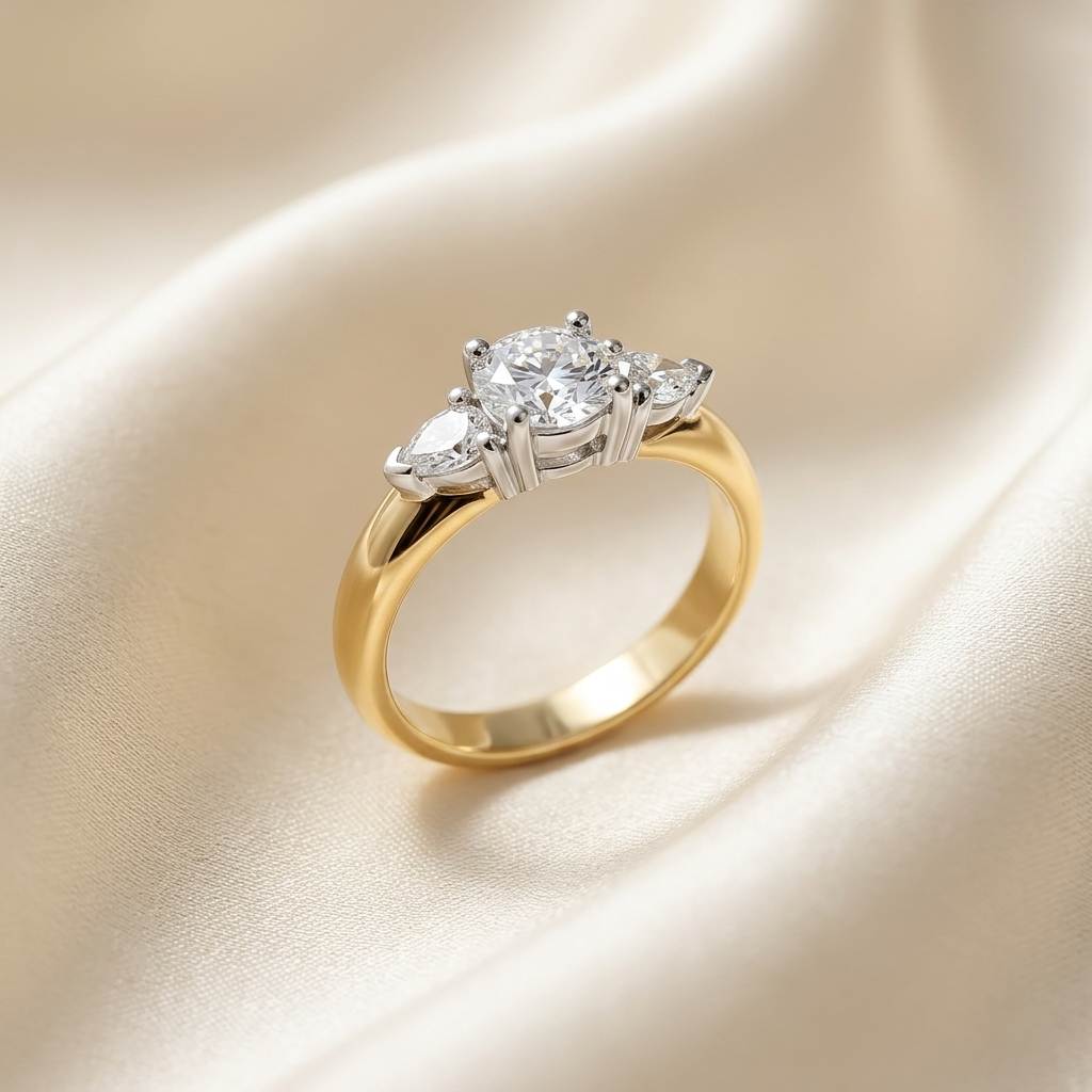 Shayla round brilliant diamond three stone engagement ring with pear shape side stones, detail view