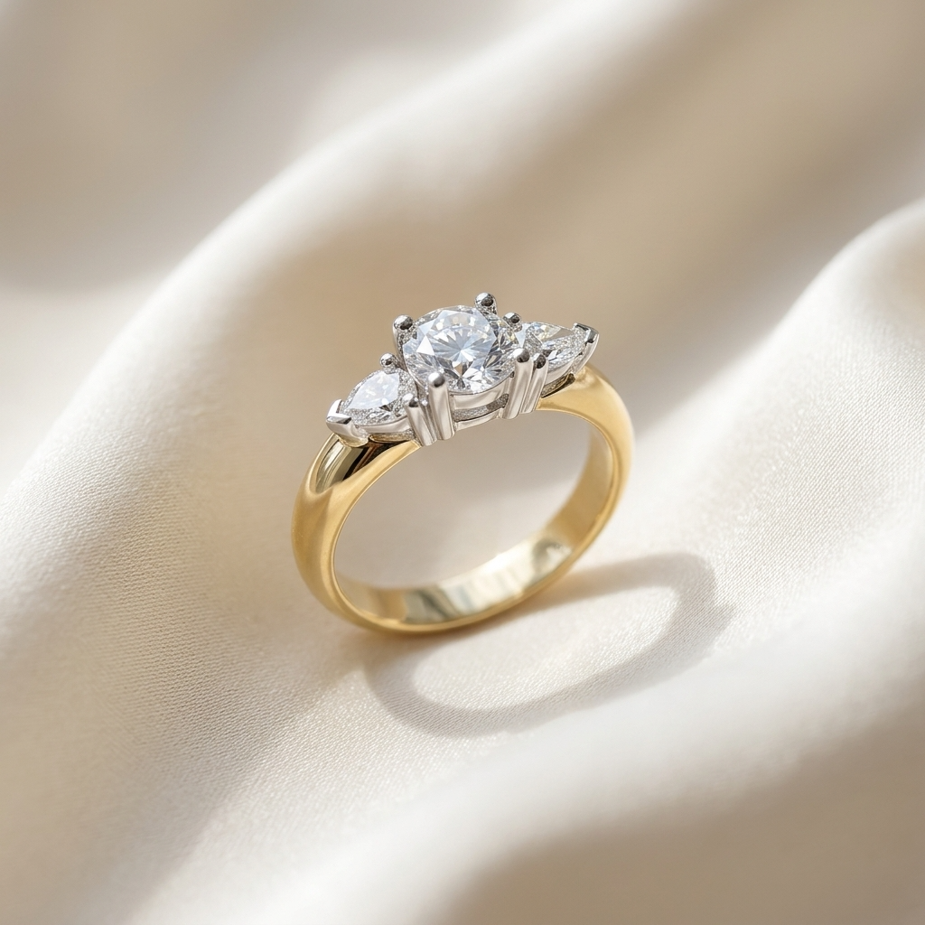 Shayla round brilliant diamond three stone engagement ring with pear shape side stones, top view