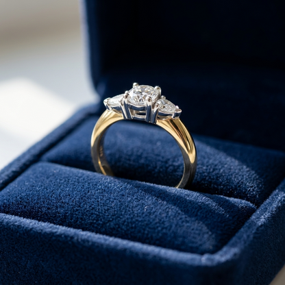 Shayla round brilliant diamond three stone engagement ring with pear shape side stones in 18ct yellow and white gold