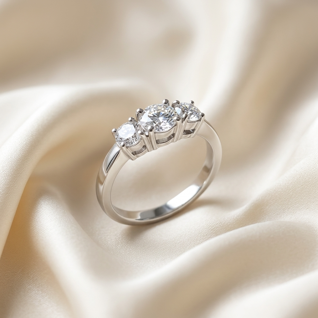 Sascha round brilliant diamond three stone engagement ring, front view