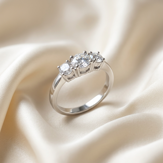 Sascha round brilliant diamond three stone engagement ring, front view