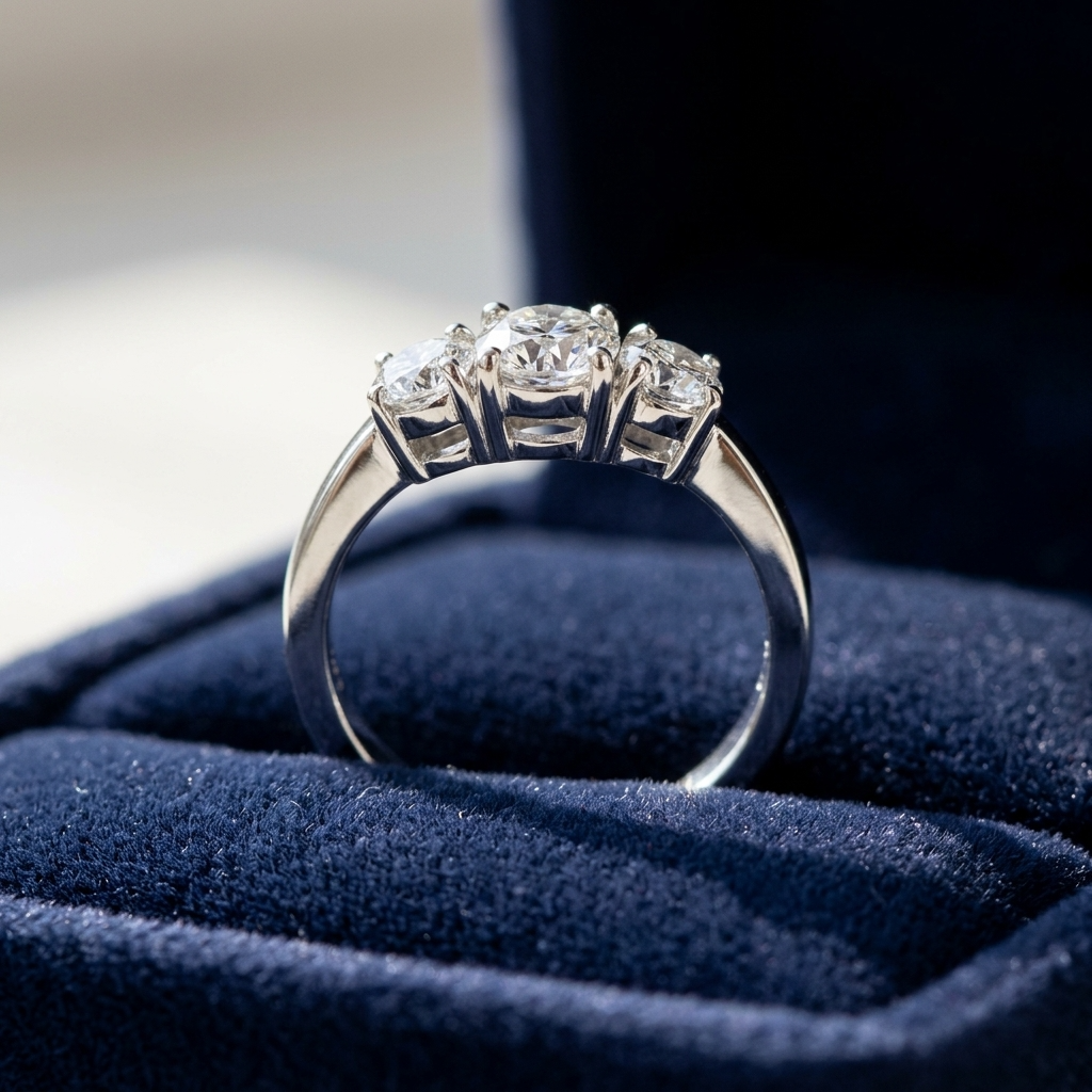 Sascha round brilliant diamond three stone engagement ring, side view