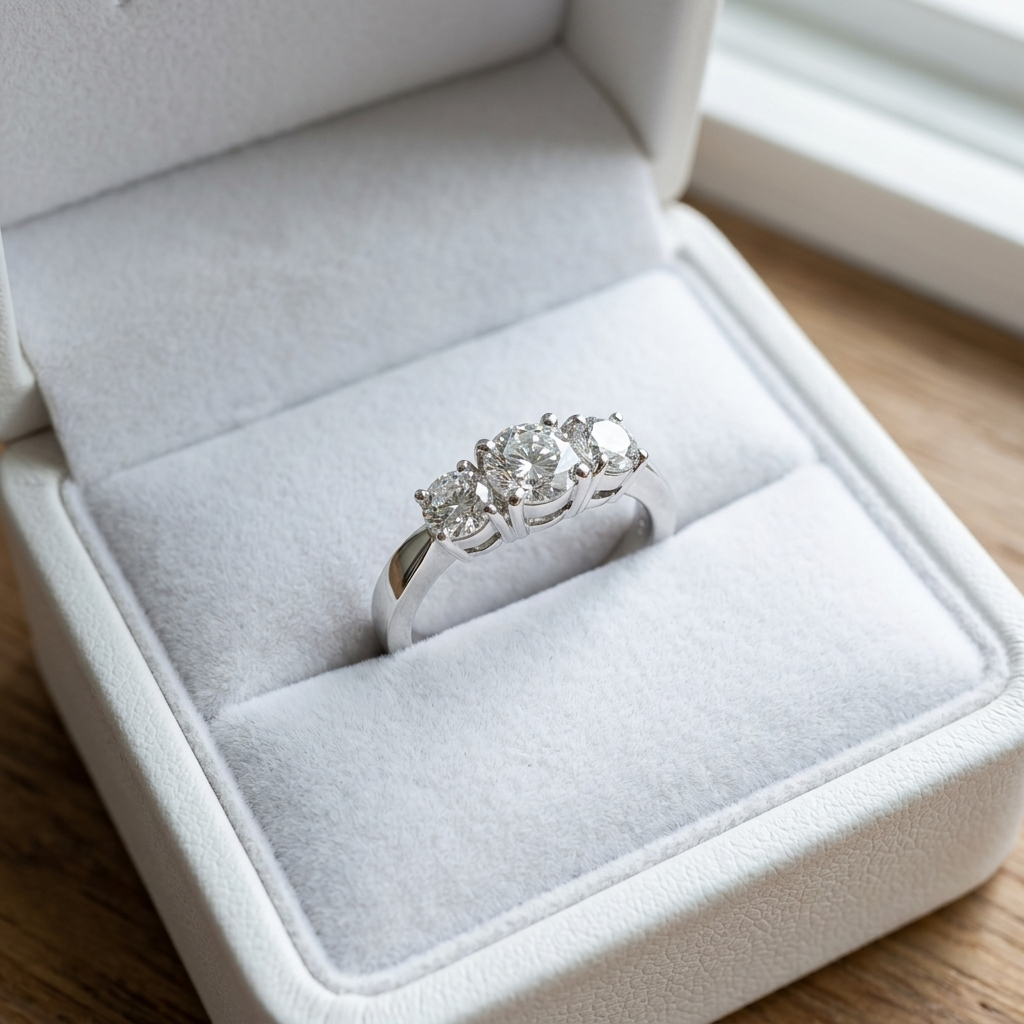 Sascha round brilliant diamond three stone engagement ring, detail view