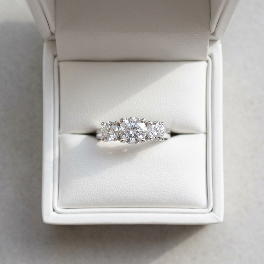 Sascha round brilliant diamond three stone engagement ring, top view