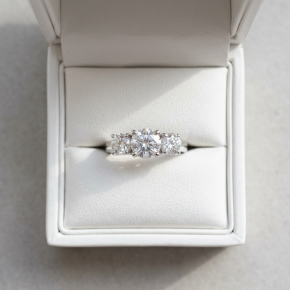 Sascha round brilliant diamond three stone engagement ring, top view