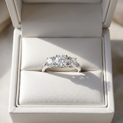 Sascha round brilliant diamond three stone engagement ring, three quarter view