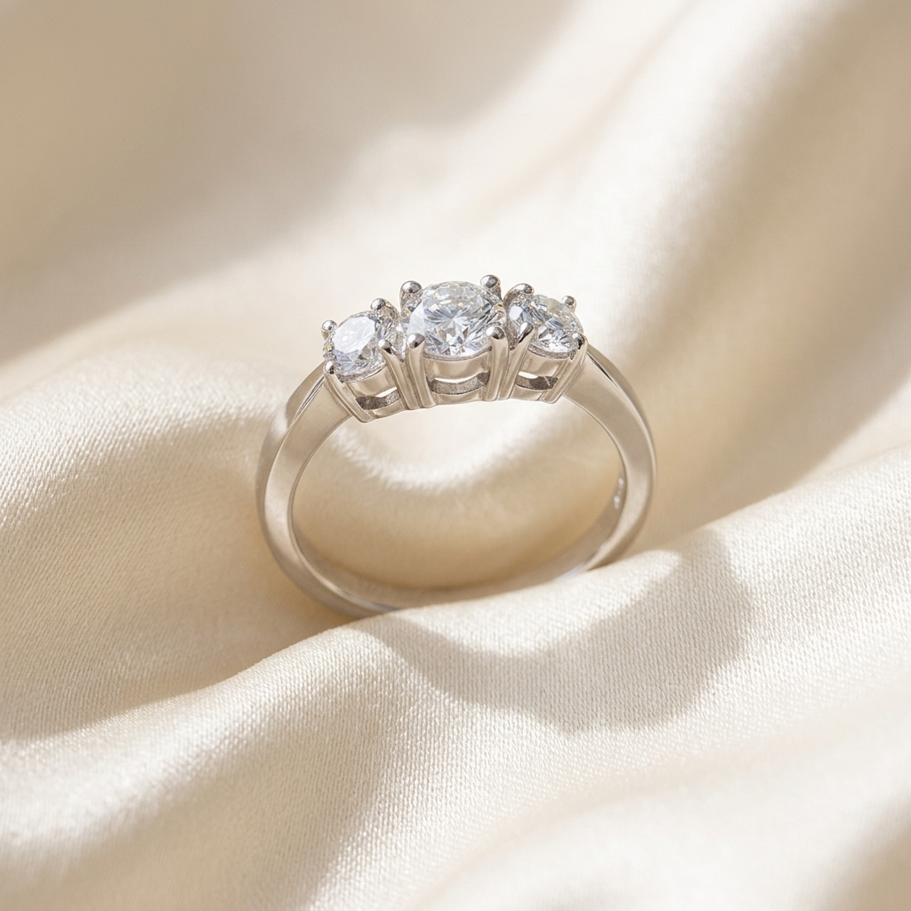 Sascha round brilliant diamond three stone engagement ring in 18ct white gold