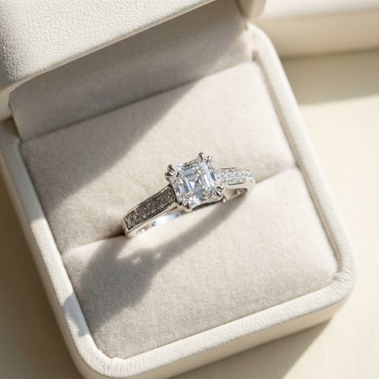 Asscher cut diamond ring with side stones - side view