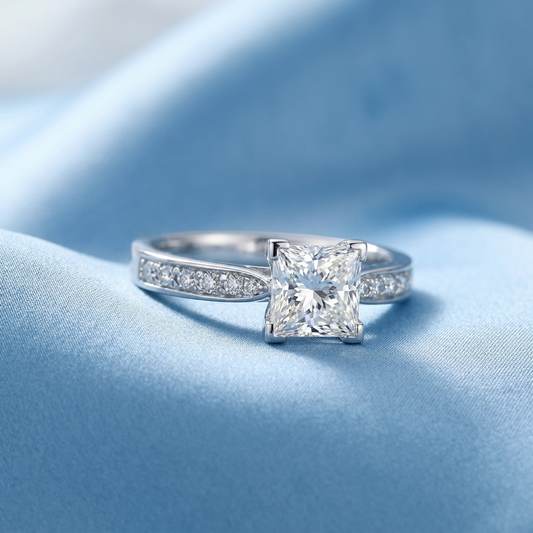 Naomi princess cut diamond engagement ring with diamond side stones, front view
