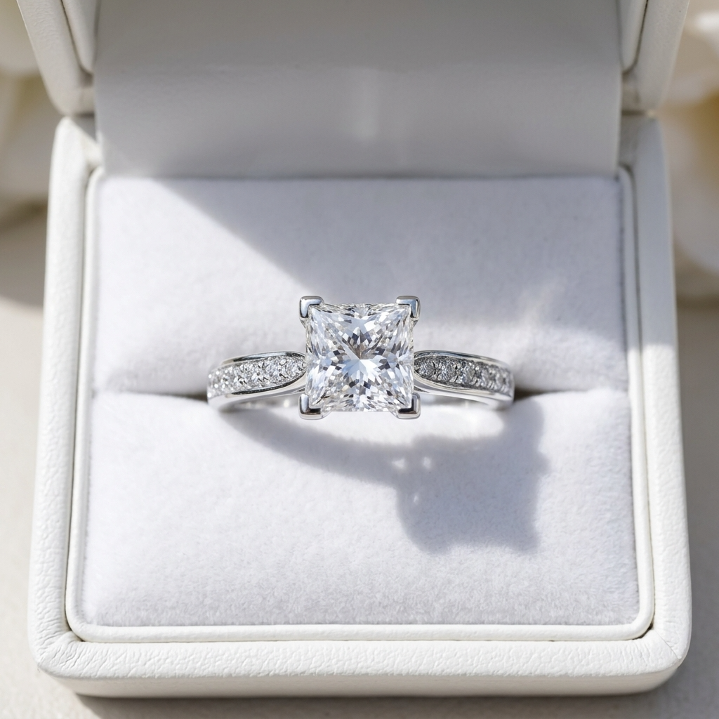 Naomi princess cut diamond engagement ring with diamond side stones, side view