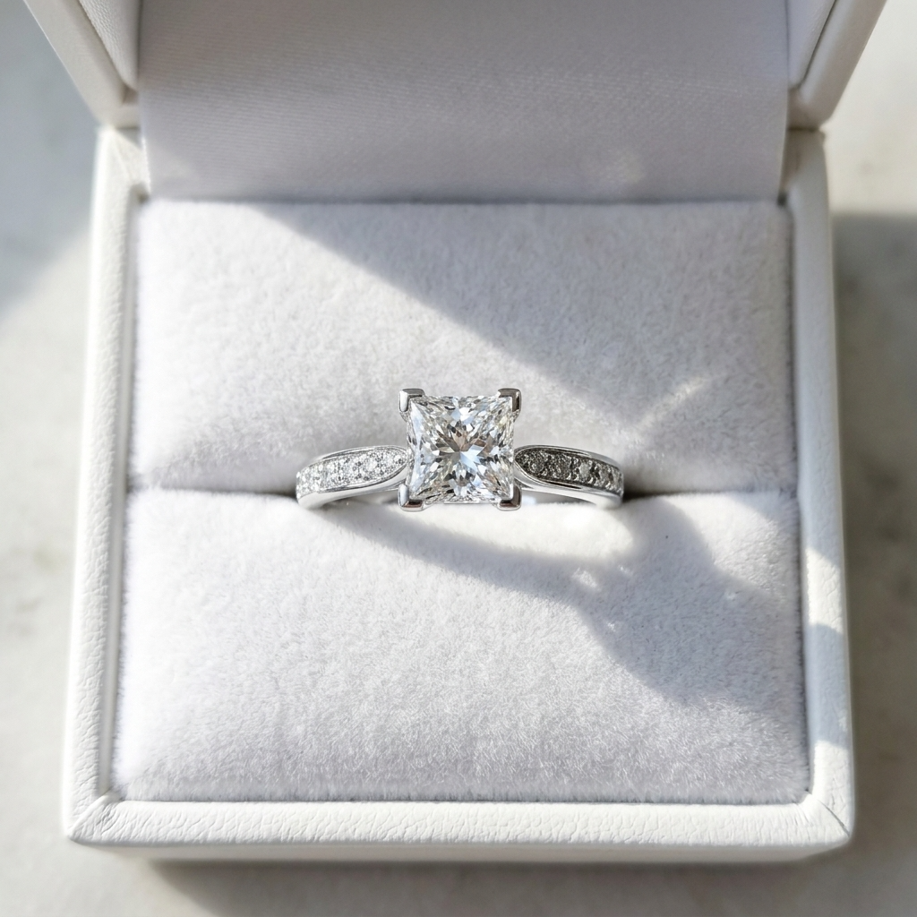 Naomi princess cut diamond engagement ring with diamond side stones, detail view