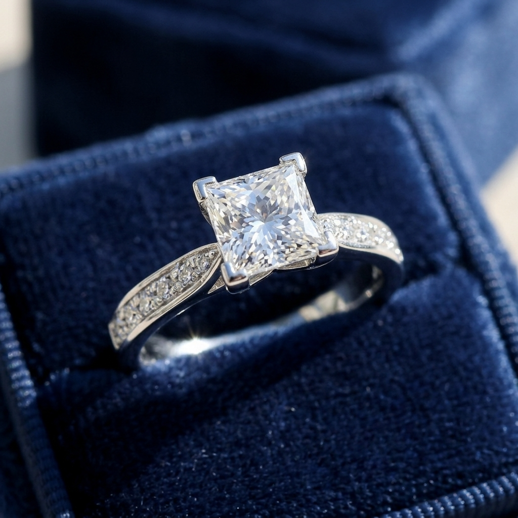 Naomi princess cut diamond engagement ring with diamond side stones, three quarter view