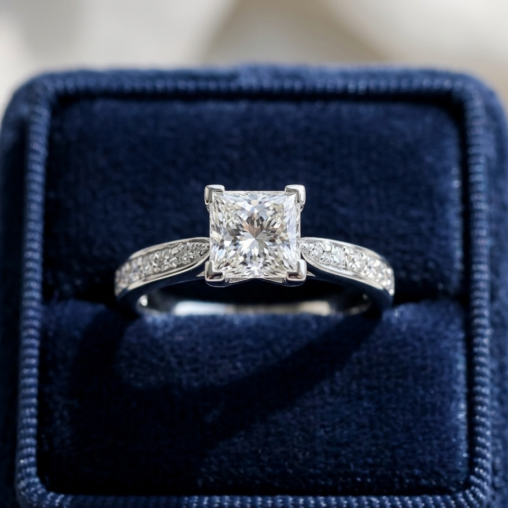 Naomi princess cut diamond engagement ring with diamond side stones, raised view