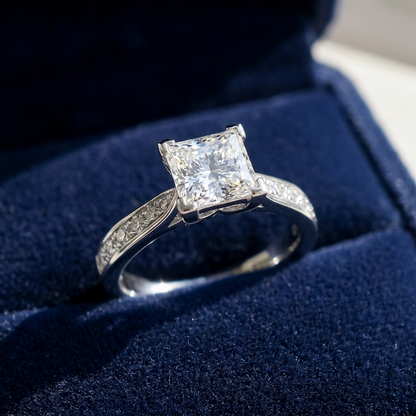 Naomi princess cut diamond engagement ring with diamond side stones, profile view
