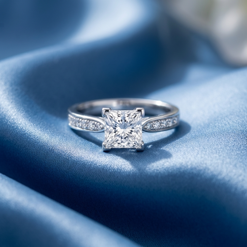 Naomi princess cut diamond engagement ring with diamond side stones in 18ct white gold