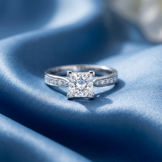 Naomi princess cut diamond engagement ring with diamond side stones in 18ct white gold