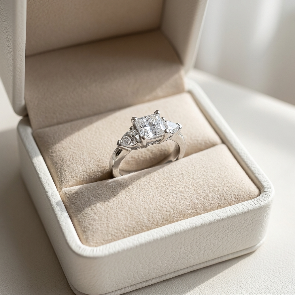 Camille princess cut diamond three stone trilogy ring in white gold