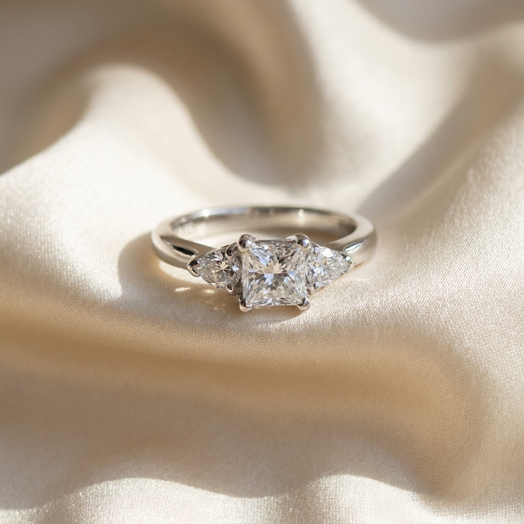 Camille princess cut diamond three stone trilogy ring, angled view
