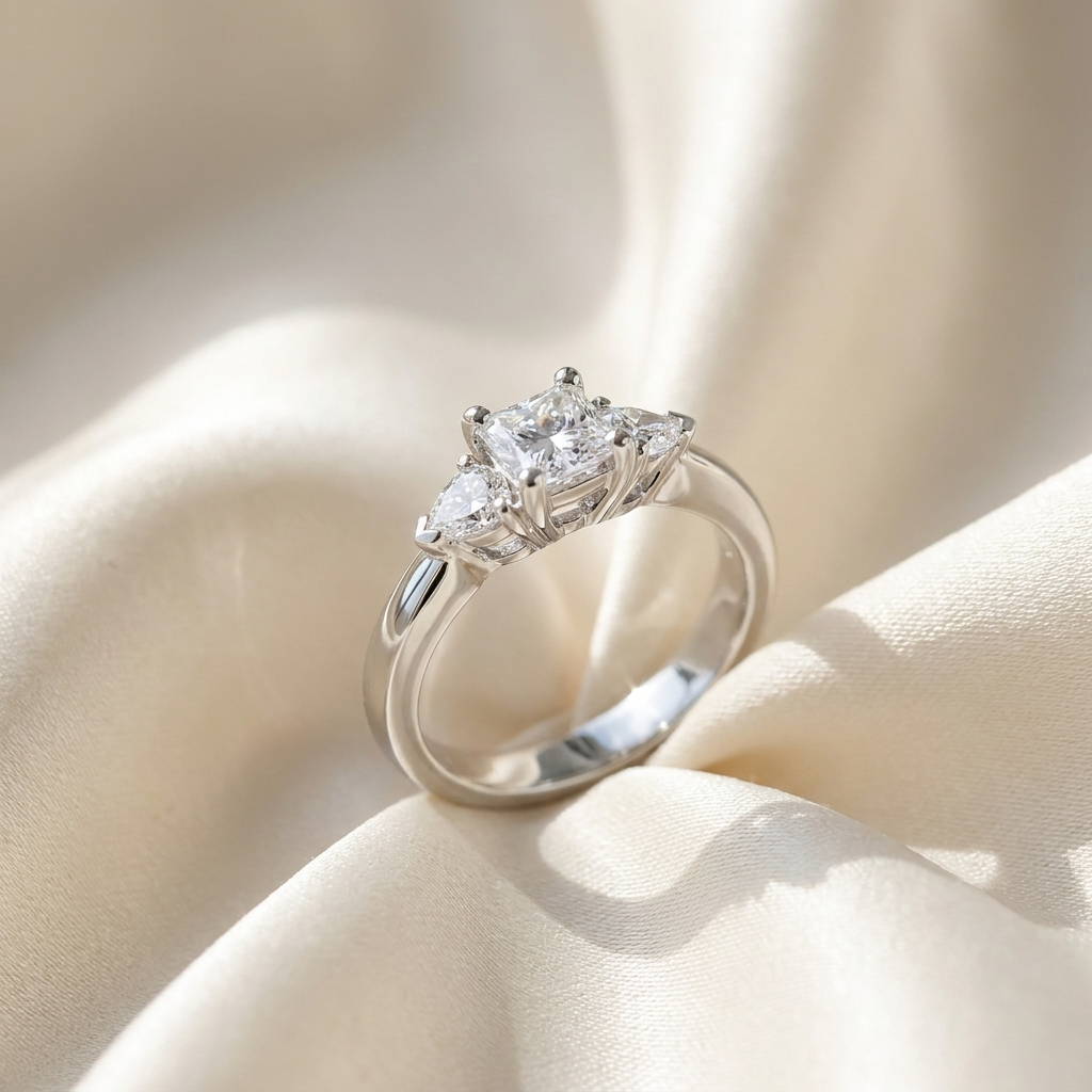 Camille princess cut diamond three stone trilogy ring, side view