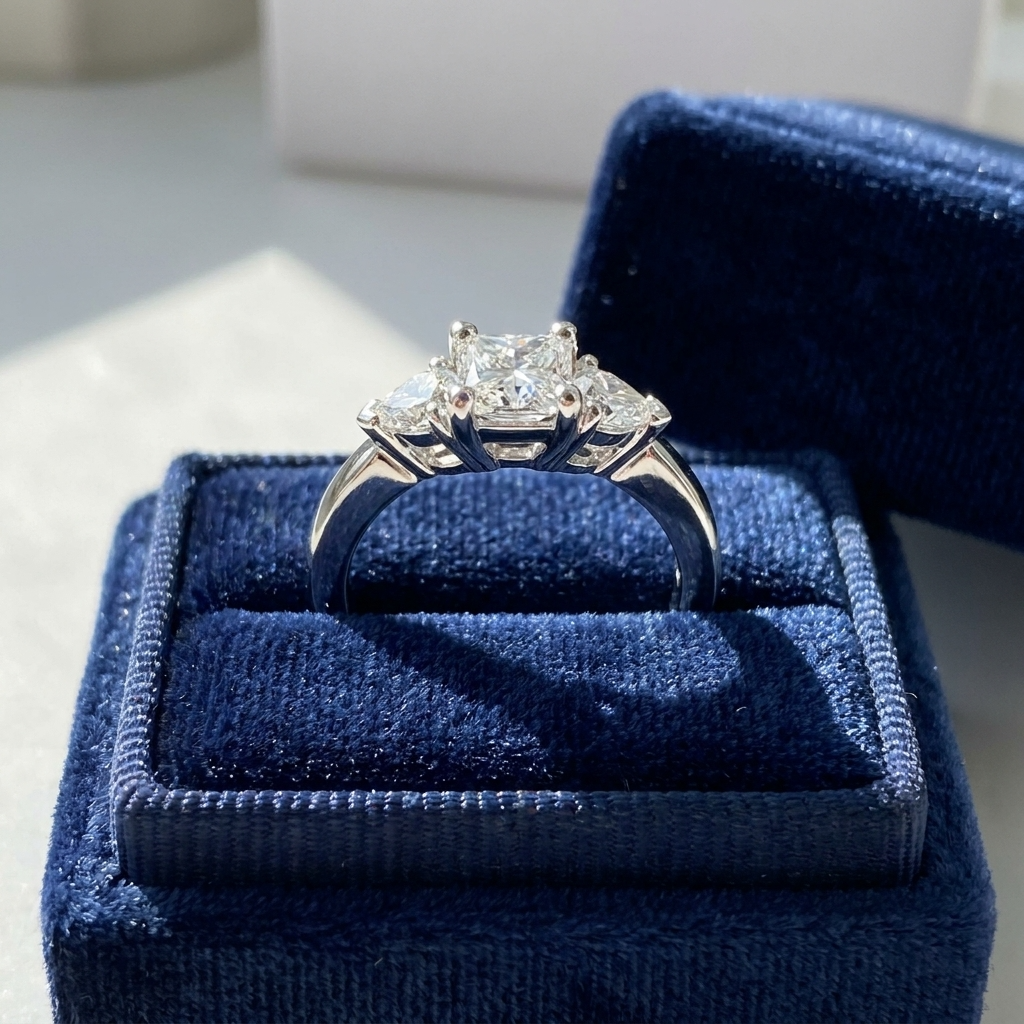 Camille princess cut diamond three stone trilogy ring, detail view