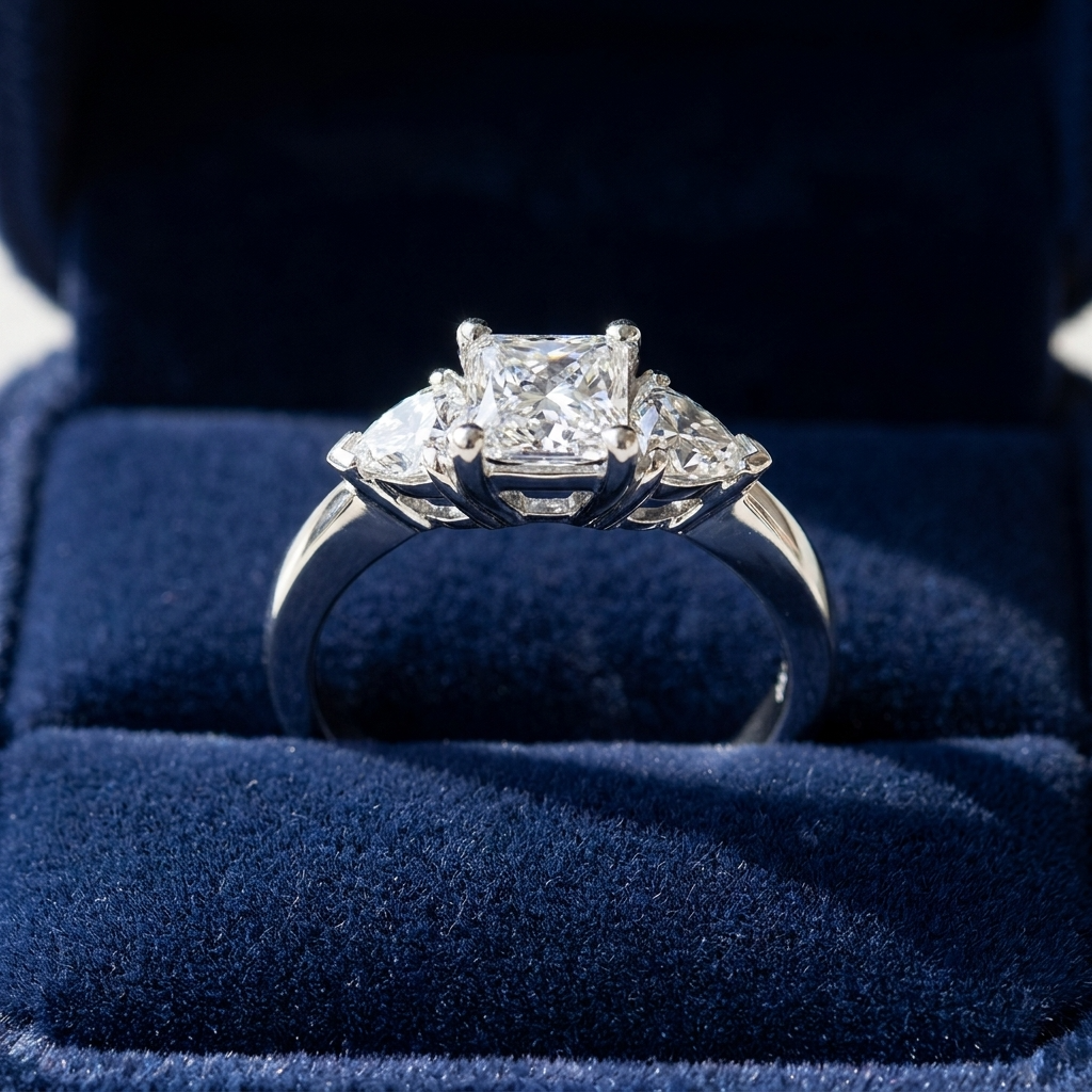 Camille princess cut diamond three stone trilogy ring, front view