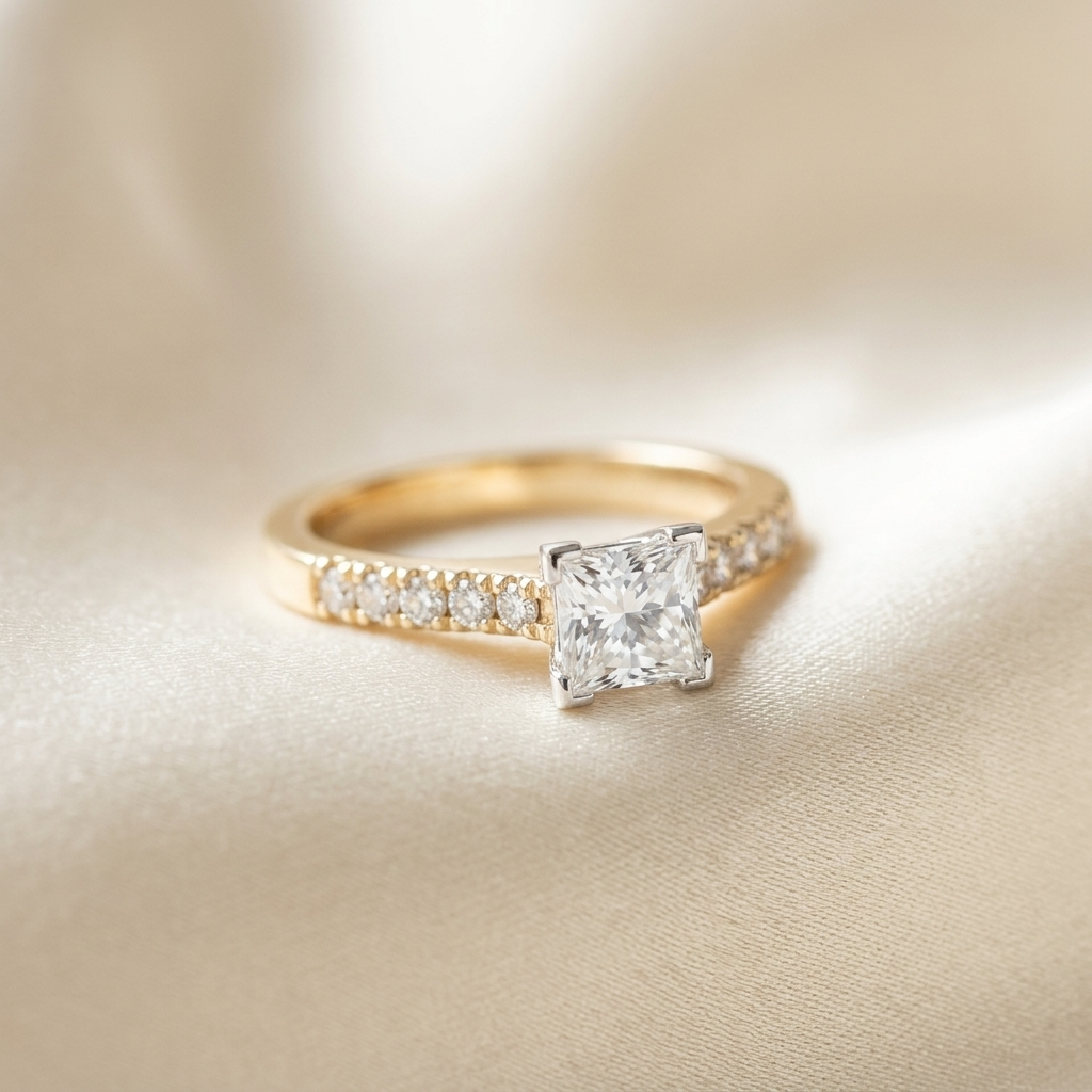 Victoria princess cut diamond engagement ring with diamond set band, front view