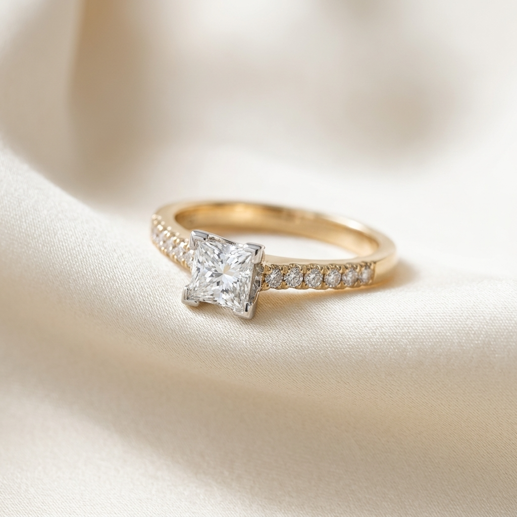 Victoria princess cut diamond engagement ring with diamond set band, side view