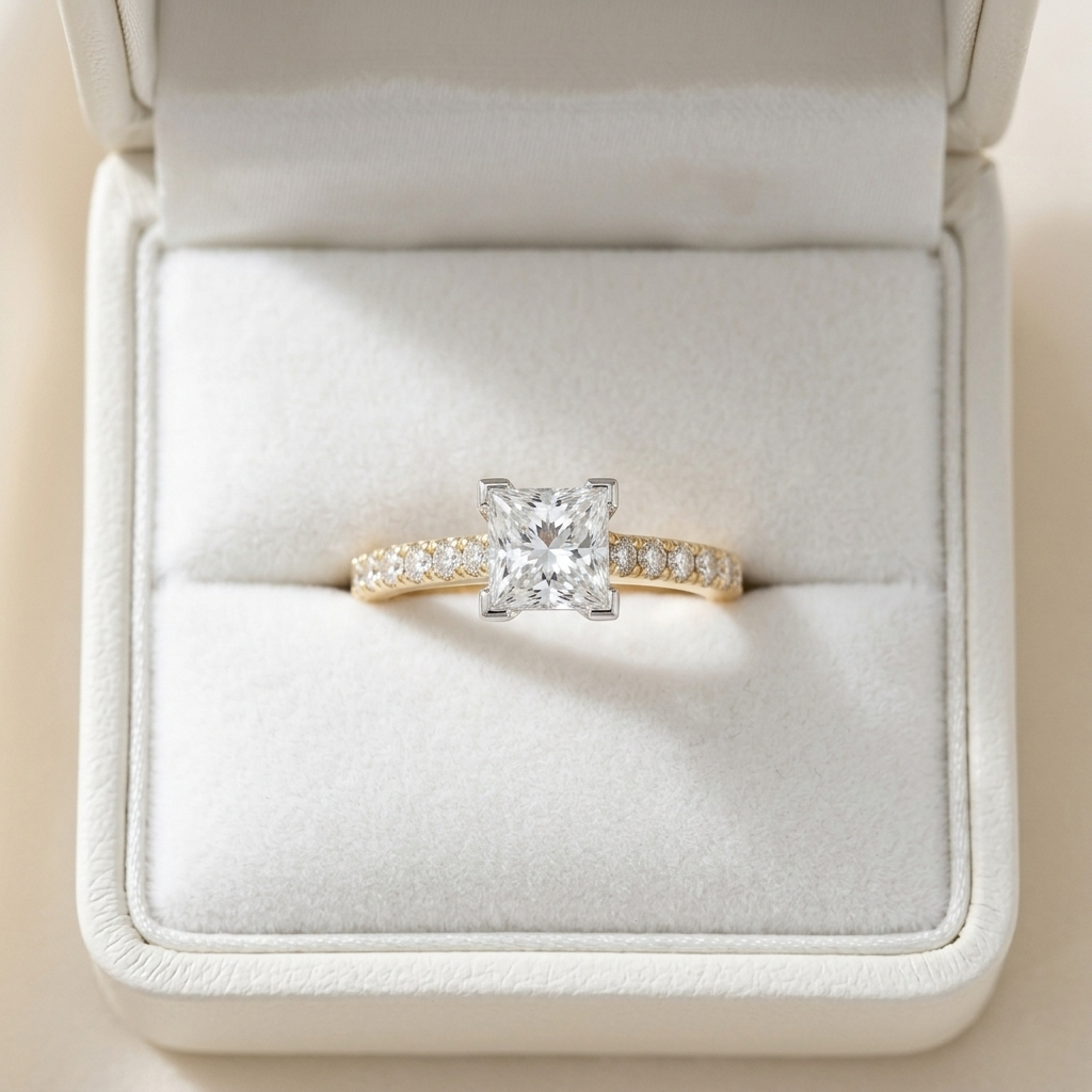 Victoria princess cut diamond engagement ring with diamond set band, detail view