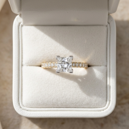 Victoria princess cut diamond engagement ring with diamond set band, top view