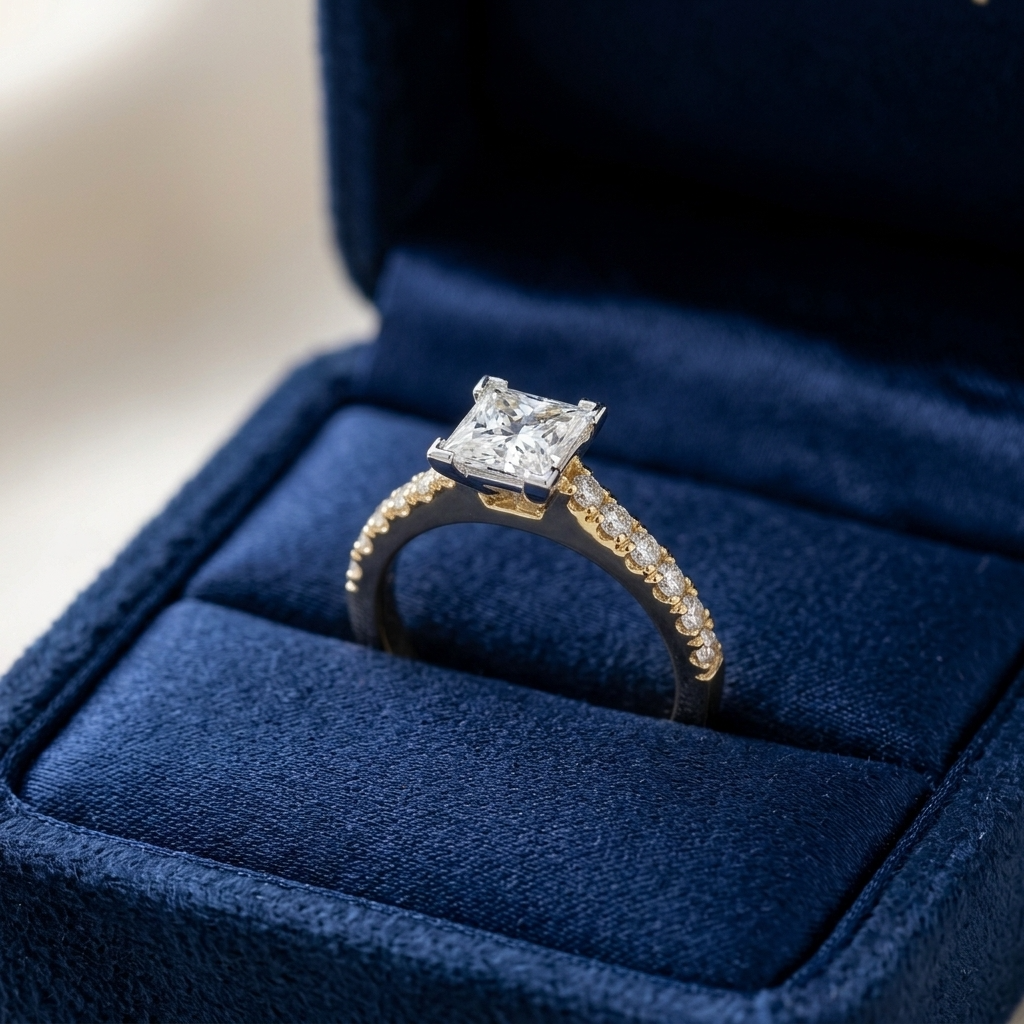 Victoria princess cut diamond engagement ring with diamond set band, raised view