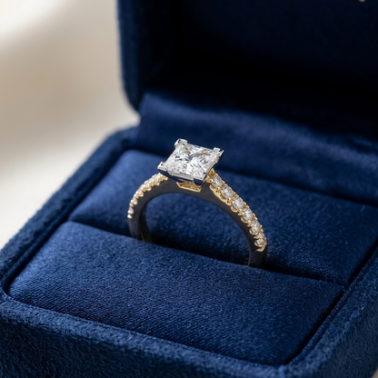 Victoria princess cut diamond engagement ring with diamond set band, raised view