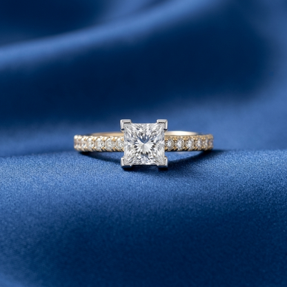 Victoria princess cut diamond engagement ring with diamond set band, profile view