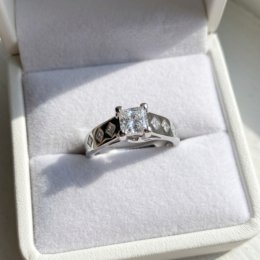 Rhonda princess cut diamond engagement ring with gypsy set band, front view