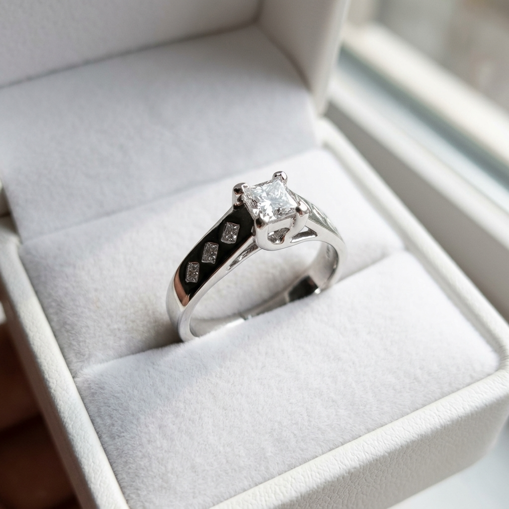Rhonda princess cut diamond engagement ring with gypsy set band, angled view
