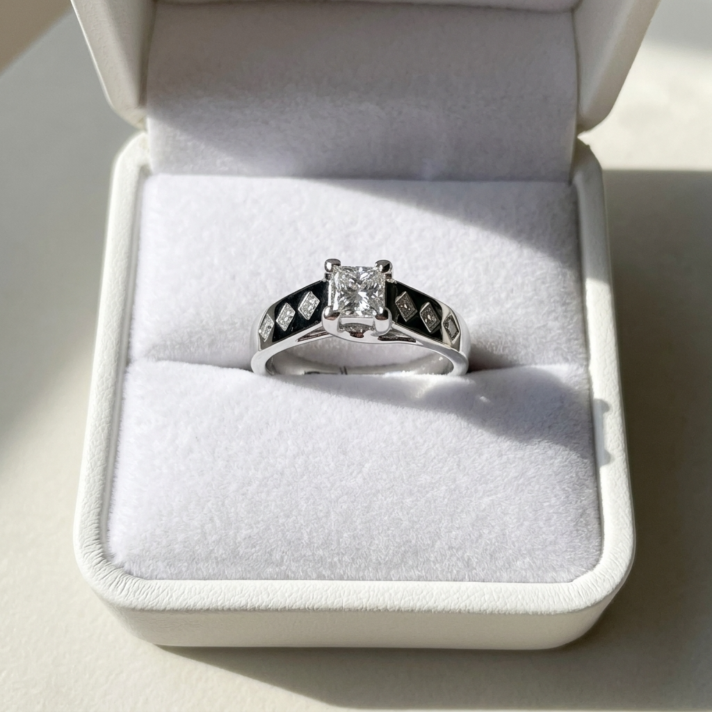 Rhonda princess cut diamond engagement ring with gypsy set band, side view