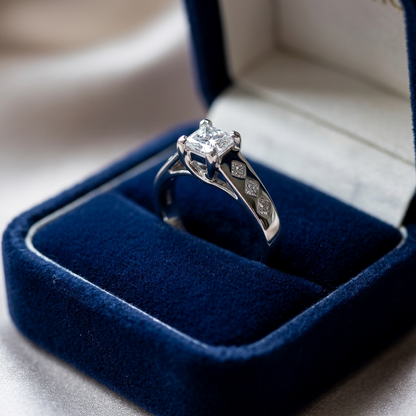 Rhonda princess cut diamond engagement ring with gypsy set band, detail view