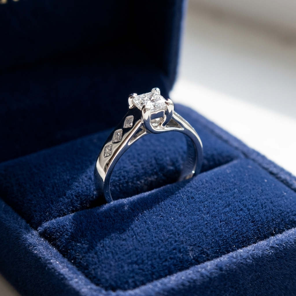 Rhonda princess cut diamond engagement ring with gypsy set band, top view