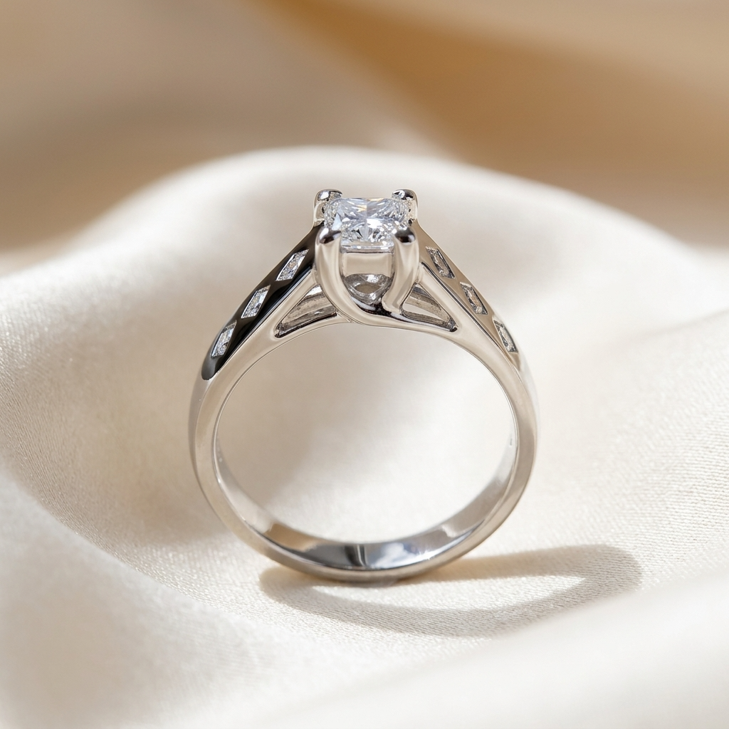 Rhonda princess cut diamond engagement ring with gypsy set band, three quarter view