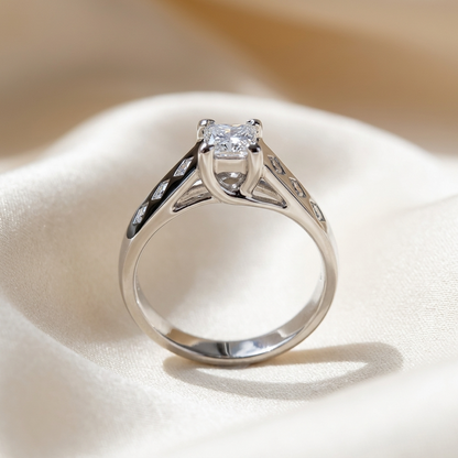 Rhonda princess cut diamond engagement ring with gypsy set band, three quarter view