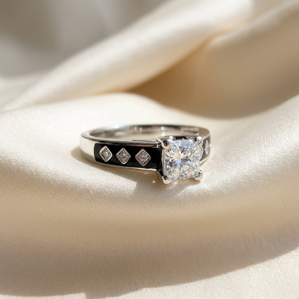 Rhonda princess cut diamond engagement ring with gypsy set band in 18ct white gold