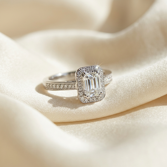 Amaris emerald cut diamond halo engagement ring, angled view