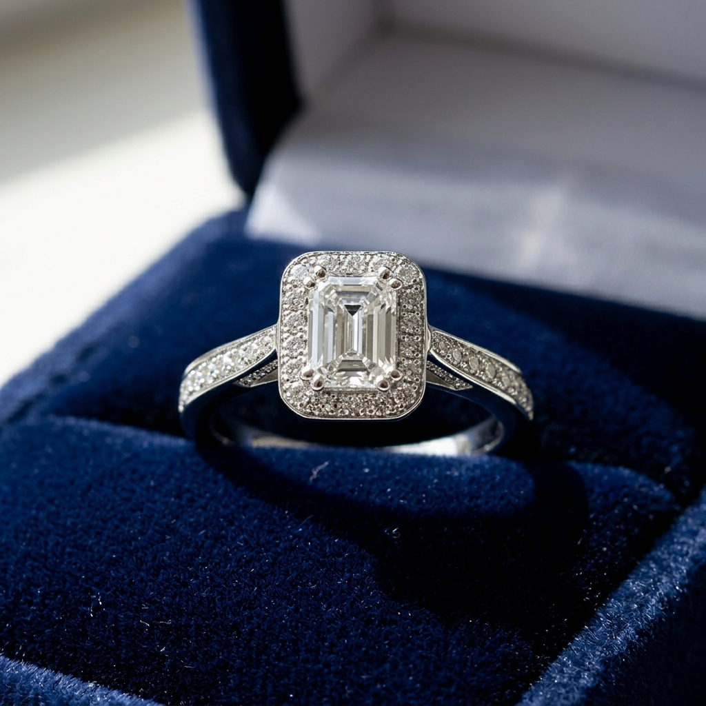 Amaris emerald cut diamond halo engagement ring, side view